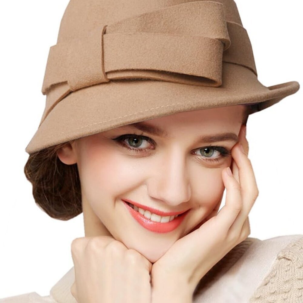 Women Wool Cloche Bucket Hat Felt With Bow Accent Winter Accessories